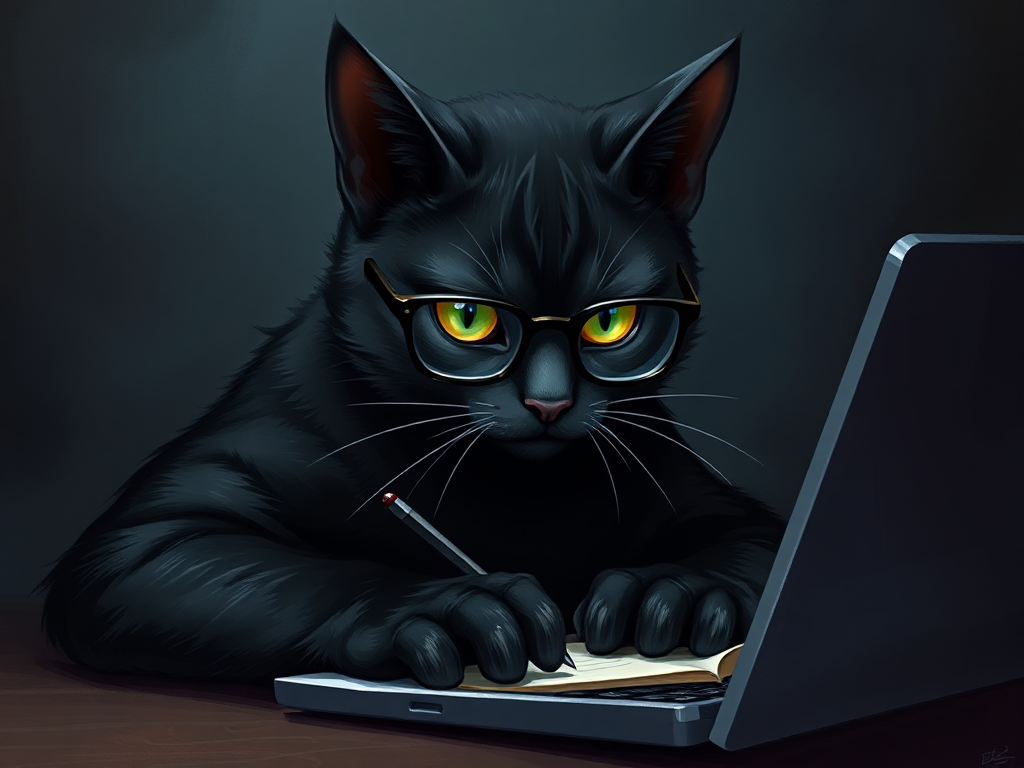 Gato negro escribiendo en un cuaderno y una computadora portátil