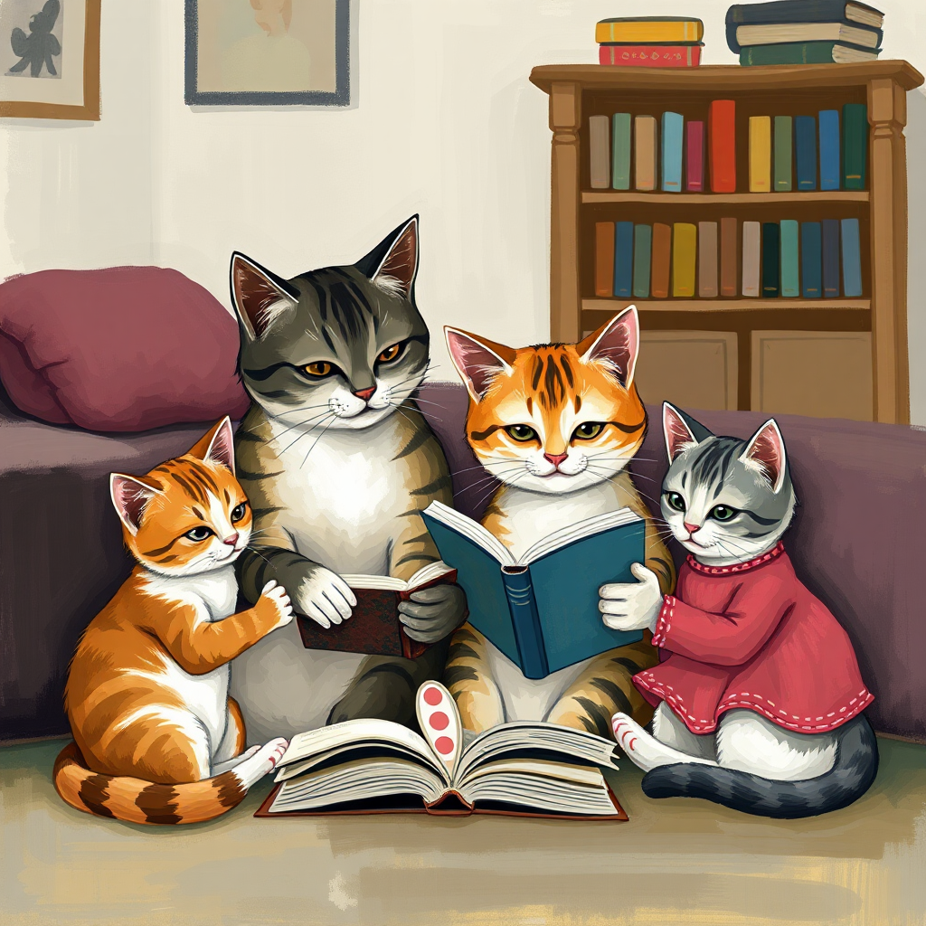 Una familia de gatos leyendo y estudiando juntos