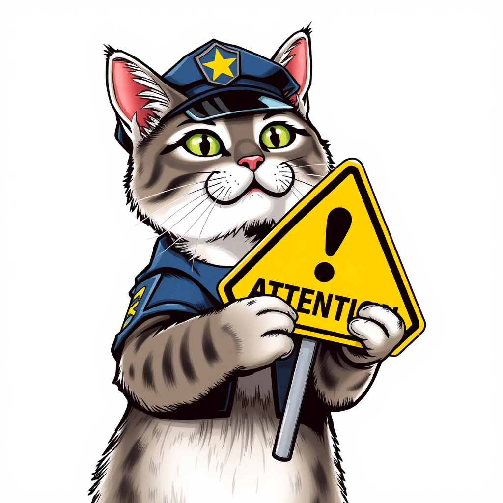 Un gato policía con un letrero de atención
